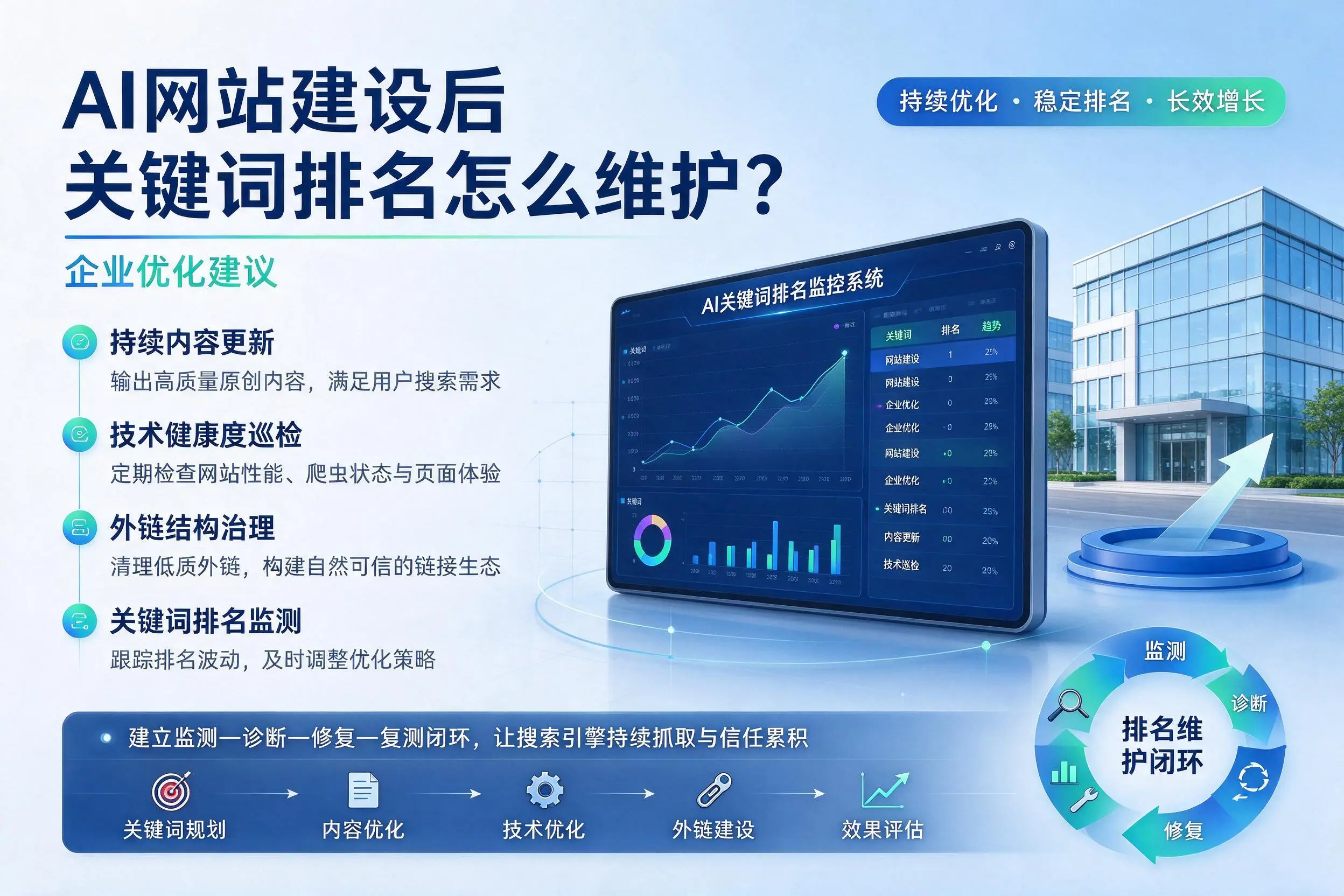 AI网站建设后关键词排名怎么维护?泰州企业优化建议